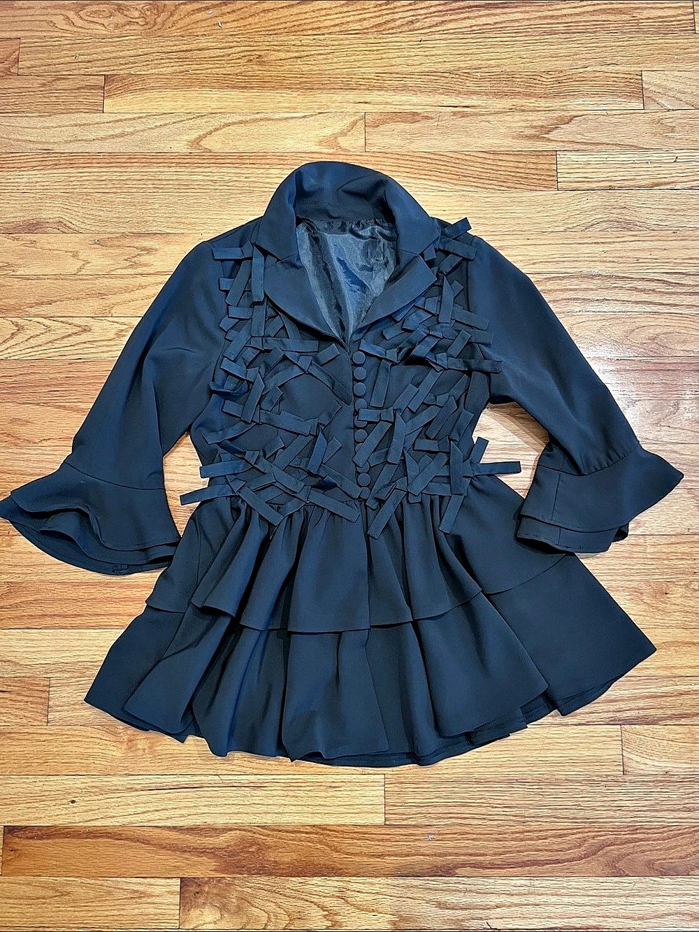 Avant Garde Black Blazer with Flouce Ruffle Hem and Bows on the bodice